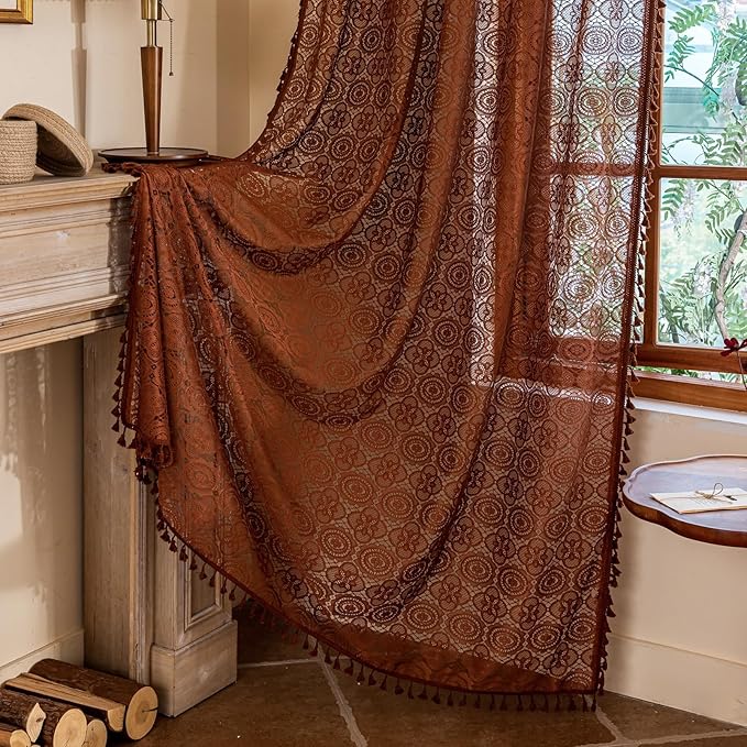 YJ YANJUN Brown Sheer Curtains 84 Inches Long 2 Panels Boho Crochet Lace Curtains with Tassel for Living Room Closet Door Rustic Privacy Bohemian Farmhouse Drapes W59 x L84 Caramel Brown/Mocha