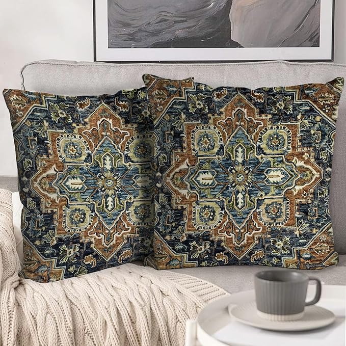 Boho Throw Pillow Covers 16x16 inch Set of 2,Bohemian Vintage Carpet Pattern Antique Ethnic Decor Double Sided Pattern Cushion Cover Soft Pillow Case Living Sofa Room Bed Square Pillow Cover