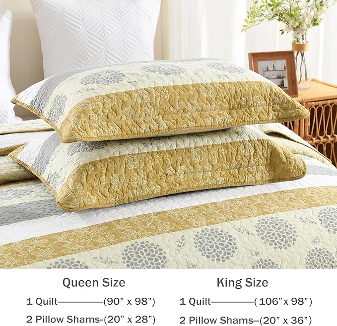 Homzard Quilt Queen Size - Queen Comforter Set,Mustard Yellow Beige Grey All Cotton Quilted Bedspread Set,Striped Floral Pattern Bedding,Lightweight Paisley 3 Piece,All Seasons