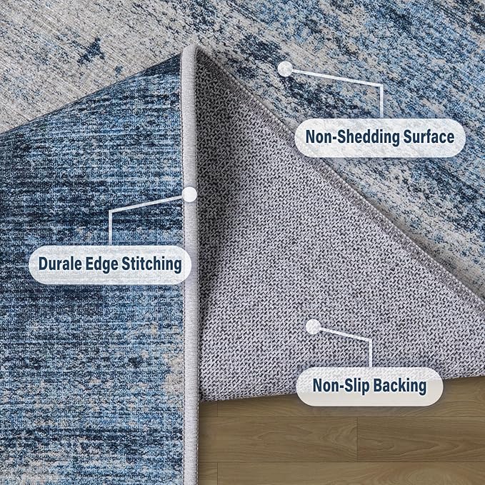 Machine Washable Area Rugs 2x3: Small Entryway Rug with Non Slip Backing Non Shedding Stain Resistant Abstract Carpet for Living Room Bedroom Kitchen Laundry Under Dining Table - Beige/Blue