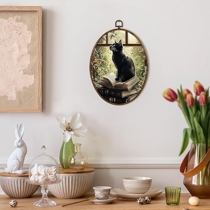 KFXHANGD Vintage Dark Academia Black Cat Oval Wall Art Framed, Antique Cottagecore Black Cat Canvas Wall Art Decor, Rustic Moody Gothic Cats Hanging Decor for Living Room Bedroom, 8.7x11.3 In