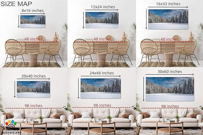 GUTTATY Christmas Winter Scene Canvas Wall Art, Snowy Forest Canvas Prints, Tranquil Blue Sky Wall Decor, Modern Poster Picture for Living Room, Holiday Wall Hanging Artwork, 40x20 Inch
