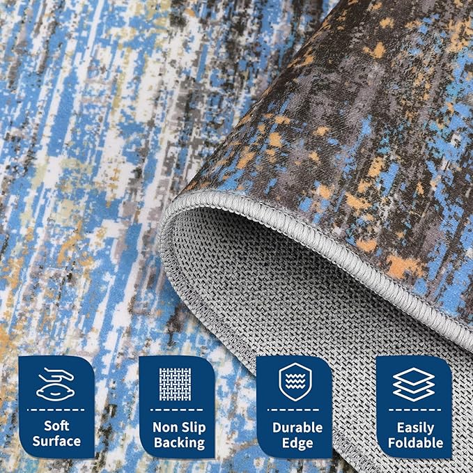 Modern Abstract Living Room Rug 8x10, Washable Area Rugs for Bedroom, Stain Resistant Non Slip Large Rug, Soft Indoor Carpet for Dining Room Table Home Decor, Blue/Brown