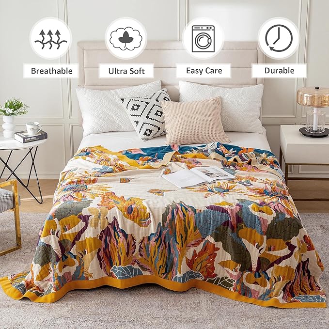 Boho Throw Blanket for Bed 100% Cotton Ultra Soft Rustic Quilt Floral Printed Farmhouse Decor Bed Fall Blanket,80"×90" All Season Rustic Throw for Sofa Couch Chair