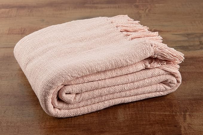 Sticky Toffee Woven Cotton Throw Blanket 60x50 in – Blush Pink Textured Blanket with Fringe for Couch or Bed, Thick and Durable, Boho Decorative Style