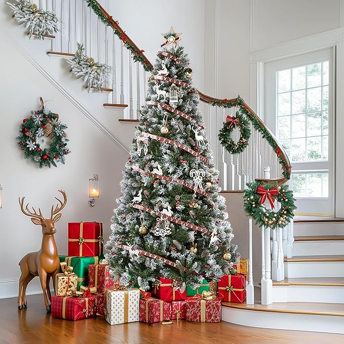 Yaheetech 6ft Pre-lit Frosted Artificial Hinged Christmas Tree with 818 Flocked PVC Tips,62 Pine Cones,62 Holly Berries & 250 Warm White Lights,Foldable Stand,Green