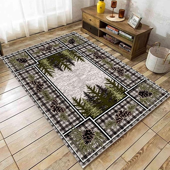 Vintage Buffalo Plaid Area Rug, 5x6ft, Rustic Cabin Pine Cone Pattern Rug, Country Lodge Nature Plants Rugs, Soft Floor Rug Non-Skid Carpets for Living Room Farmhouse Indoor Floor Mat