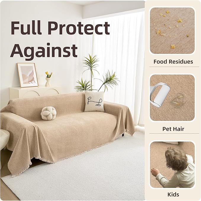 Couch Cover for 3 Cushion Couch Chenille Sofa Cover Sectional Couch Covers, Couch Cover for Dogs Washable, Soft Non-Slip Sofa Slipcover Sofa Protector Futon Cover, 71''x134'', Khaki