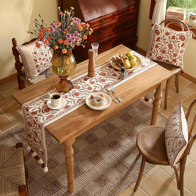 ISAENNE Designer Elegant Linen Table Runner 118 Inches Extra Long,Vintage Orange Floral Pattern Table Runners for Dining Tables,Kitchen Decor,Thanksgiving,Christmas,Banquet,12"*118"-Alvarado A