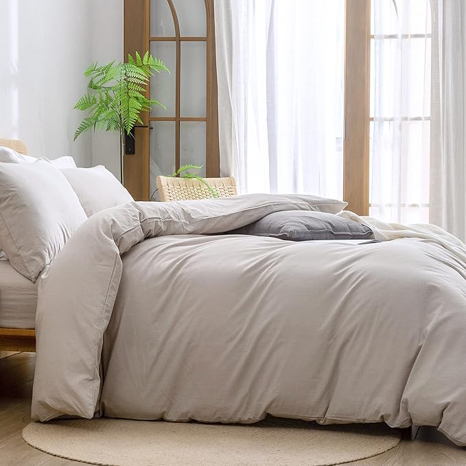 BESTOUCH Duvet Cover Set 100% Washed Cotton Linen Feel Super Soft Comfortable Chic Lightweight 3 PCs Home Bedding Set Solid Linen Grey Super King Plus