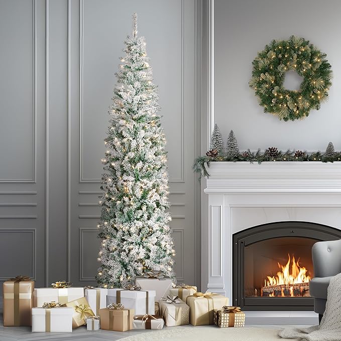 National Tree Company 7.5 ft Pre-Lit Flocked Acacia Slim Artificial Christmas Tree, 350 Clear Lights, 641 Tips, Includes Stand, Green