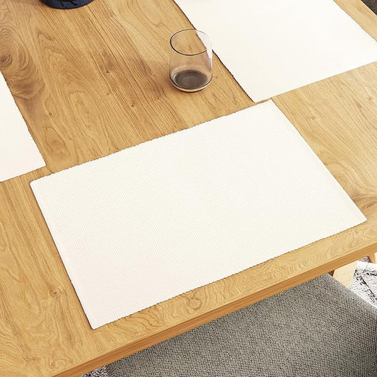 Encasa XO Dining Placemat Set of 6 | Solid Solid Off White Color | Fine Ribbed Cotton Table mat | Size 19x13 in |for Dining Table Fall Decoration, Holiday & Christmas Festivals - Machine Washable