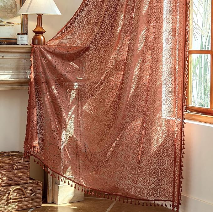 YJ YANJUN Boho Terracotta Sheer Curtains 108 inches Long 2 Panels Vintage Rust Orange Crochet Curtains for Dining Room Living Room Fall Thankgiving 9FT Floor to Ceiling Drapes 59" W x 108" L