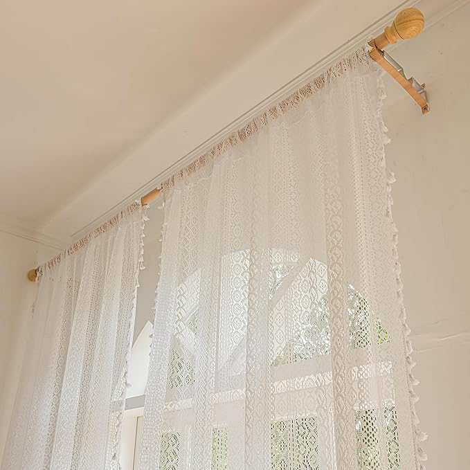 Sutuo Home Boho Curtains 2 Panels 63 Inches Length for Bedroom, Window Treatments Bohemian Geometry Knitted Sheer Crochet Lace Vintage Cotton Drapes Pair Tassels, Rod Pocket, 52" x 63" White