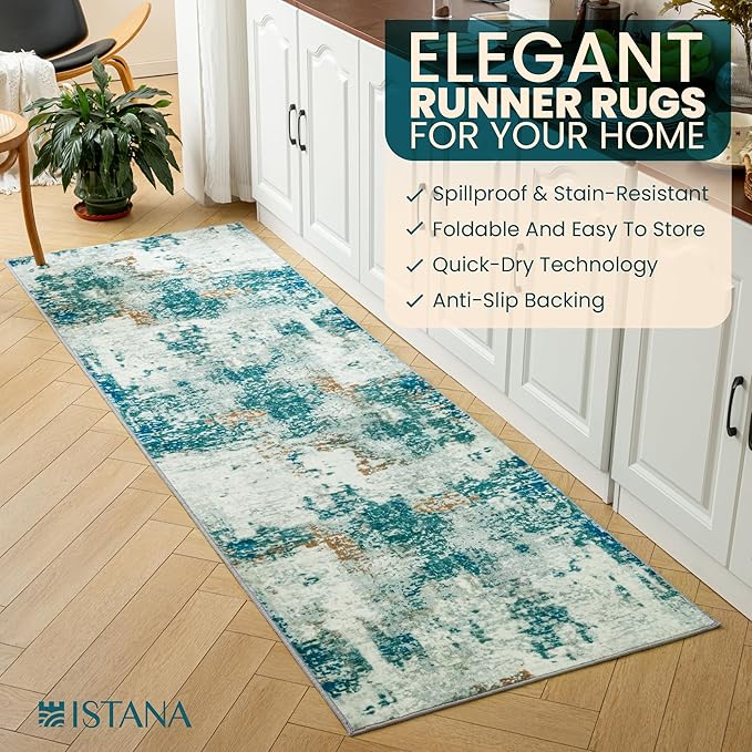 Istana Hallway Runner Rug 2.5x8 - Green Kitchen Rugs Non Slip Washable -Silk's Soft Touch Carpet Runner - Stylish Rugs for Home