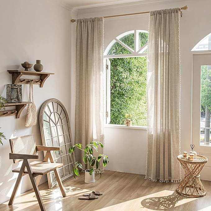 Sutuo Home Boho Curtains 84 Inches Long, Bohemian Linen Style Textured Curtains with Tassels for Bed Room Semi Blackout Farmhouse Drapes, Rod Pocket Window Treatments 2 Panels, 52" x 84", Natural