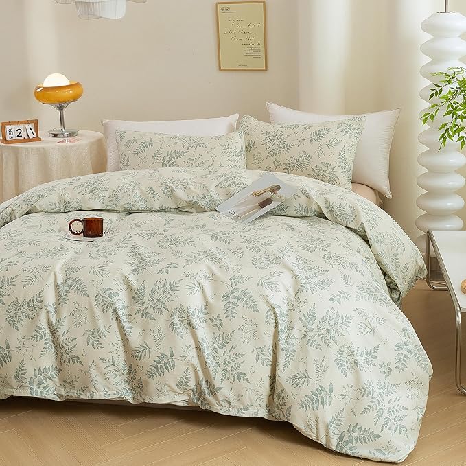 ECOCOTT 3 Pieces Duvet Cover Set with Vintage Green Leaves Pattern 100% Natural Cotton, Ultra Soft and Easy Care Breathable Cozy Simple Style Bedding Set (King Size)