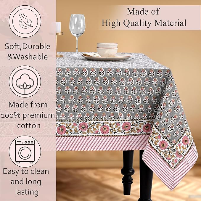 CPC Tablecloth 100% Cotton 72x160 Inch Indian Block Print Rectangle Table Cover, Gray Pink Table Cloth for Weddings, Spring/Summer, Barbeque - Labra Gray