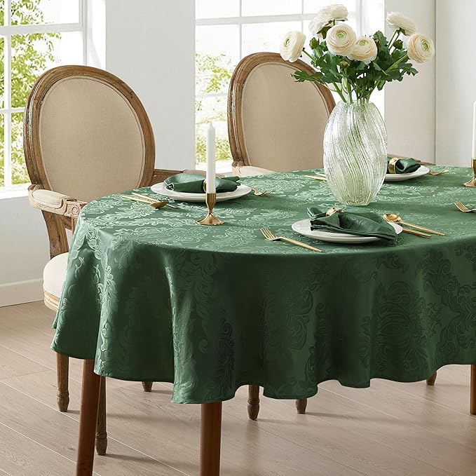Newbridge Barcelona Damask Fabric Tablecloth, 60 x 84 Inch Oval, Hunter Green – No Iron, Soil Resistant Table Cover for Dining, Parties and Holidays