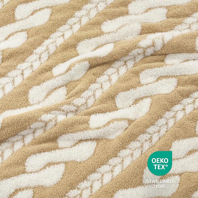 Amélie Home Cable Knit Throw Blanket for Couch, Bicolour Super Soft Fuzzy Blanket for Sofa, Luxury Cozy Fluffy Throw for Room Decor, 50" x 60", Cable Beige & White