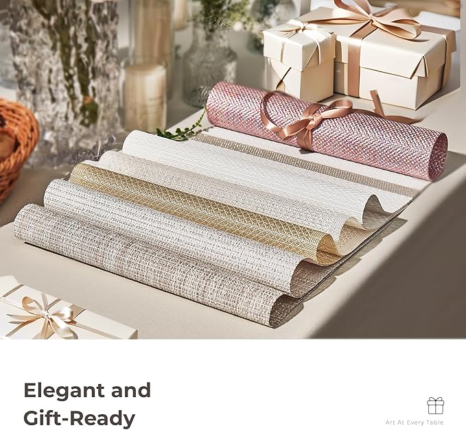 Leetaltree Luxury White Placemats with Gold Stripes Placemats Set of 12 - Waterproof Washable for Wedding, Anniversary, Daily Use - Sparkling Table Decor - Hand-Cut
