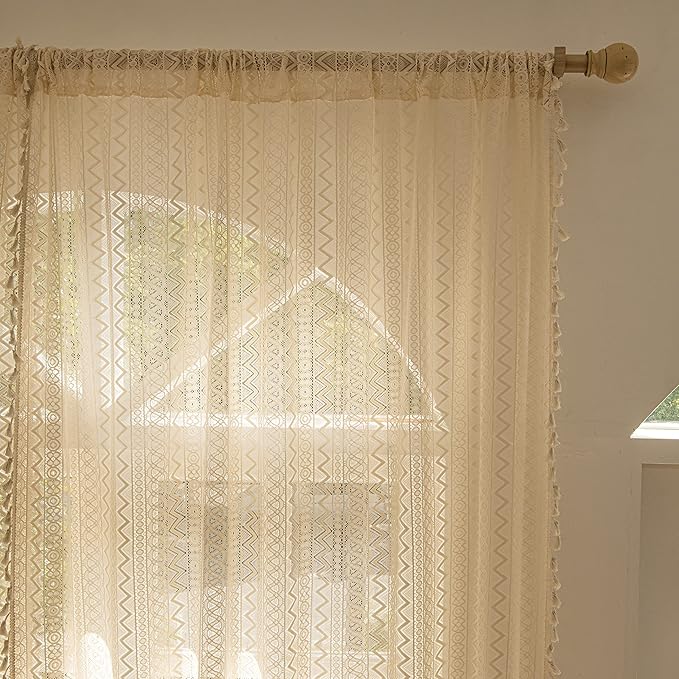 Sutuo Home 2 Panels Boho Curtains 63 Inches Length for Bedroom, Window Treatments Bohemian Sheer Crochet Lace Vintage Cotton Drapes Pair, Beige Wave Knitted with Handmade Tassels Rod Pocket, 52" x 63"