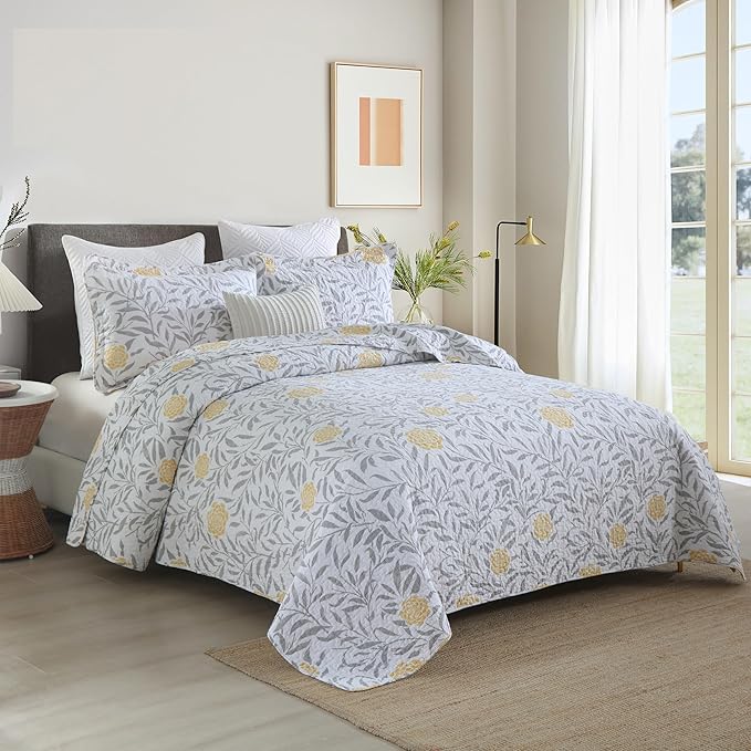 Homzard Quilt King Size Comforter Set - 100% Cotton Quilt Set King Size, Yellow Gray White Garden Bedding, Floral Leaves Bedspread(106 * 98 Inches) with 2 Pillow Shams,Reversible