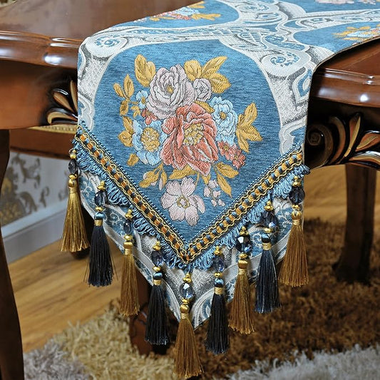Extra Luxury Velvet Blue Table Runner 120 Inches Long with Vintage Damask Jacquard Design for Dining Room,Living Room,Home Decor,Elegant Beaded Tapestry (N-Blue, 13×120 inch)