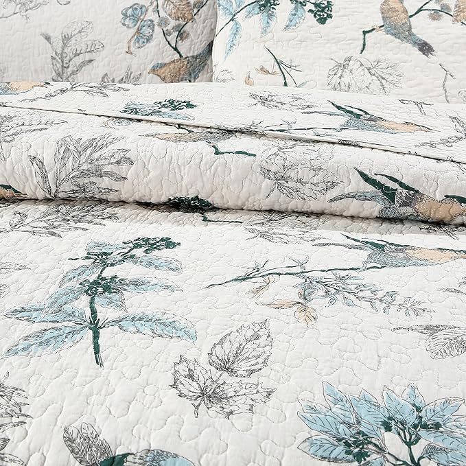 DURLENGEN Birds & Floral 100% Cotton Queen Quilt 3Pcs,Reversible Birds & Flowers Pattern on White,Luxury Lightweight Coverlet Sets for All Season(Queen 90x96,Birds & Floral)