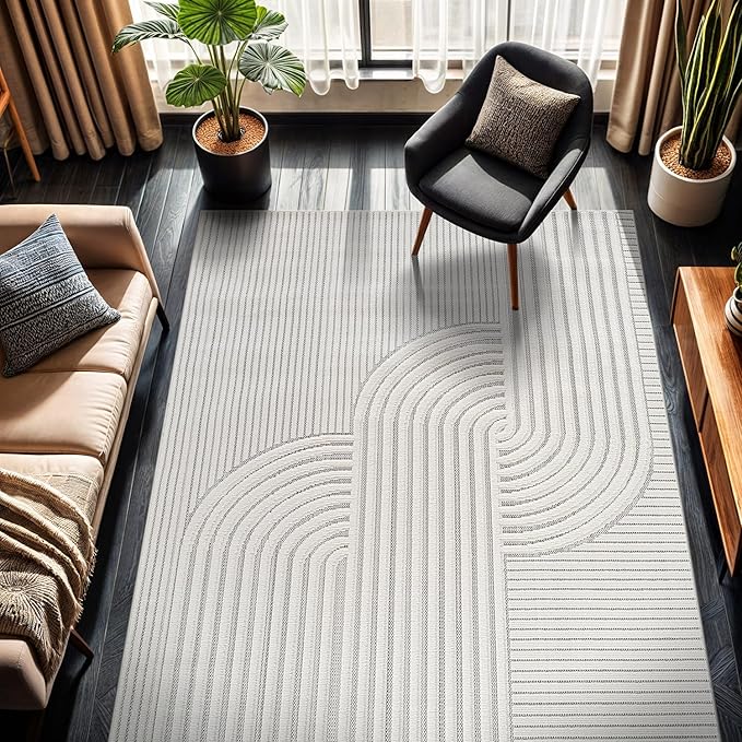 CAMILSON Modern Rug 6x9 Luxury Swirl Curved Micro Loop Area Rugs Soft High-Low Pile Stain Resistant Easy to Clean Non-Shedding Durable Living Room Bedroom Indoor Carpet (White)