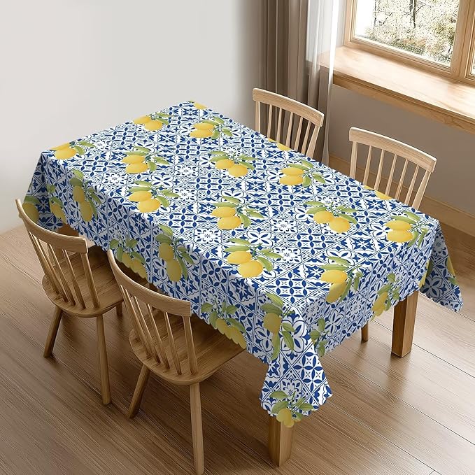 Blue Tiles Lemons Table Cloth for Dining Tables, Reusable Mexican Patchwork Tile Tablecloths Decoration Kitchen Summer Fruit Yellow Rectangle Table Cover for Holiday,Party,Picnic, 54x72Inch