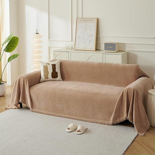 Couch Cover for Dogs, Boho Sofa Covers for 3 Cushion Couch, Chenille Sofa Slipcover for Pets Washable, L-Shape Sectional Couch Loveseat Cover Soft Throw Blankets with Tassels(91x134,Khaki)