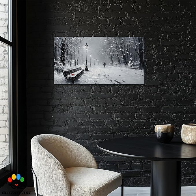 GUTTATY Christmas Winter Scene Canvas Wall Art, Snowy Park Pictures Print, Monochrome Wall Decor with Bench and Lamp, Fine Canvas Artwork for Living Room, Bedroom, Office, Holiday Gift, 24x12 Inch