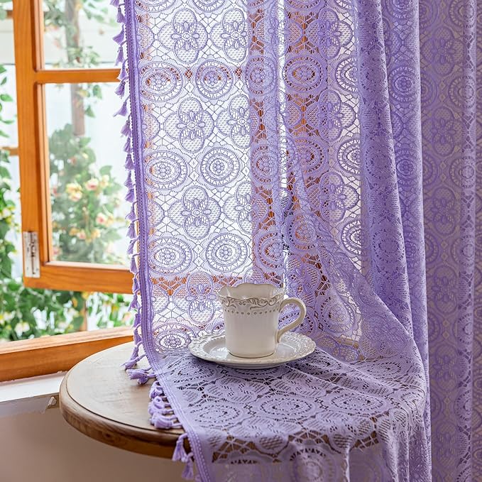 Sheer Purple Curtains 96 Inches Long Bohemian Crochet Curtains with Tassel Rod Pocket Farmhouse Lavender Flower Sheer Panels for Bedroom Living Room Elegant Home Decor 8FT 59W x 96L