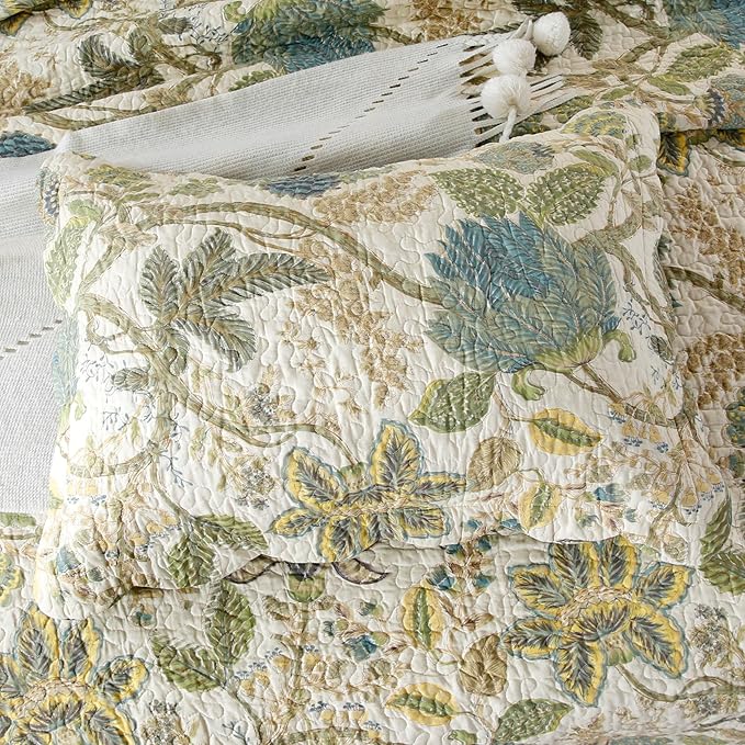 DURLENGEN Forest 100% Cotton Queen Quilt 3Pcs,Bohemian Reversible Leaves & Flowers Pattern on White, Luxury Lightweight Coverlet Sets for All Season(Queen 90x96,Forest)