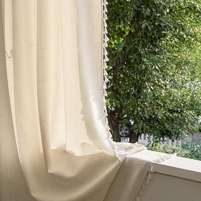 Sutuo Home Ivory Boho Curtains 108 Inches Long, Bohemian Linen Style Textured Curtains with Tassels for Living Room, Semi Blackout Farmhouse Drapes, Rod Pocket Window Treatments 2 Panels, 52" x 108"