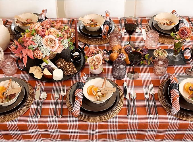 Solino Home Linen Plaid Tablecloth 52 x 52 Inch - 100% Pure Linen Glen Check Nutmeg Table Throw - Machine Washable Square Table Cloth for Fall, Autumn, Thanksgiving, Holiday