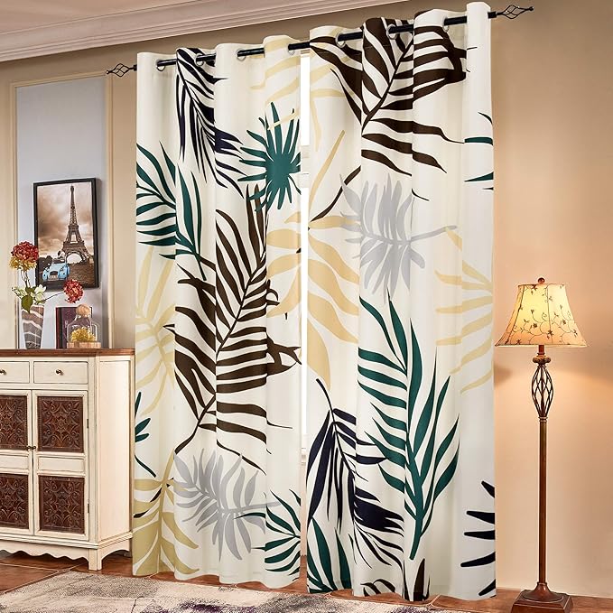 SUBRTEX Light Flitering Curtains 52Wx95L, Room Darkening Vibrant Floral Drapes, 50% Blackout, Semi Sheer Boho Farmhouse Curtains for Living Room, Yellow