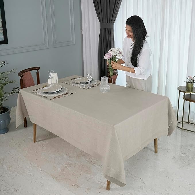 D'Moksha Homes Natural Linen Tablecloth for Rectangle Tables 60 x 90 Inch - 100% Pure Linen Natural Table Cloth - Classic Hemstitch, Machine Washable Tablecloth for Thanksgiving, Christmas, Holiday