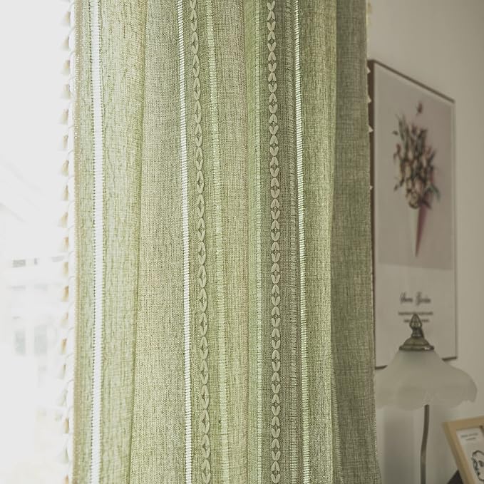 Sutuo Home Boho Curtains for Bedroom Living Room 84 Inches Long, Light Filtering French Country Farmhouse Vintage Chic Tassels Hollow Window Treatment Bohemian Drape, 1 Panel 52"W x 84"L, Sage Green