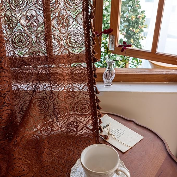 Boho Crochet Curtains 108 inches Long Set of 2 Farmhouse Brown Pattern Floor to Ceiling Curtains Lace Sheer Curtain Panles for Patio Sliding Door Living Room Privacy W59 x L108 Caramel Brown