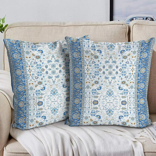 Boho Floral Throw Pillow Covers 16x16 inch Set of 2,Blue Boho Rug Geometric Floral Pattern Decor Double Sided Pattern Cushion Cover Soft Pillow Case Living Sofa Room Bed Square Pillow Cover