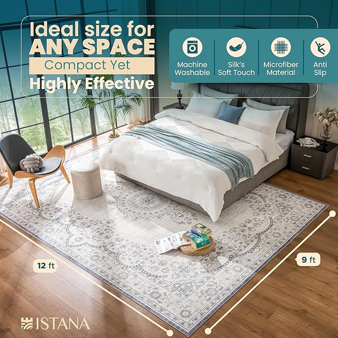 Istana Boho Area Rug - Grey/White Cream Carpet - Foldable 9x12 Washable Rug - Stain Resistant Rubber Backed Area Rugs -Large Area Rugs for Living Room 9x12 – Easy to Clean Gray Living Room Rugs
