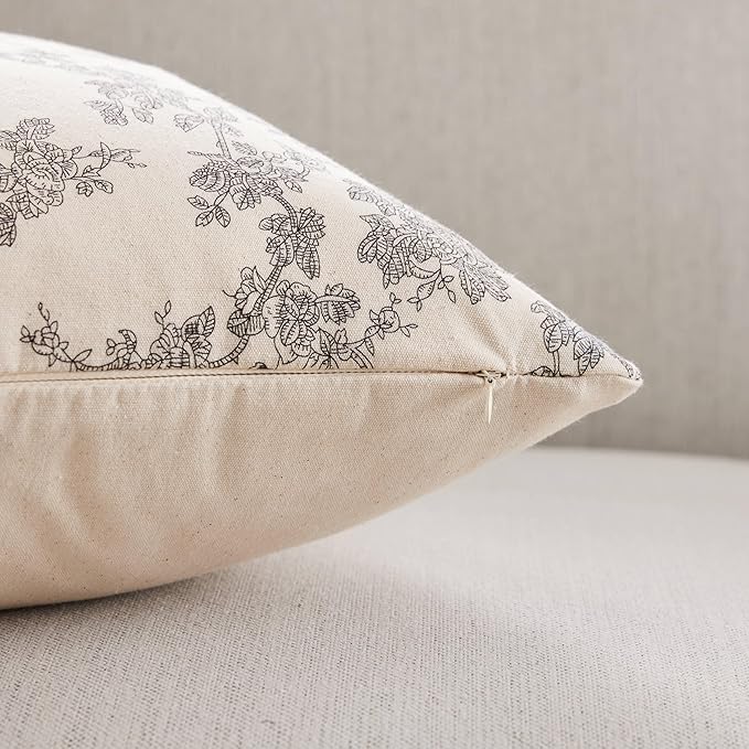 100% Cotton French Pastoral Throw Pillow Covers Set of 2, 24x24 Inch Black Farmhouse Decorative Cushion Covers for Sofa Bed Living Room Home Decor