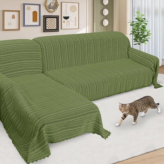 ALIECOM Boho Couch Covers for Sectional Sofa 2 Piece Thick Chenille L Shape Sectional Sofa Cover for Dogs Couch Cover Blanket Sofa Slipcovers Pet Furniture Protector Washable (X-Large, Lines Green)