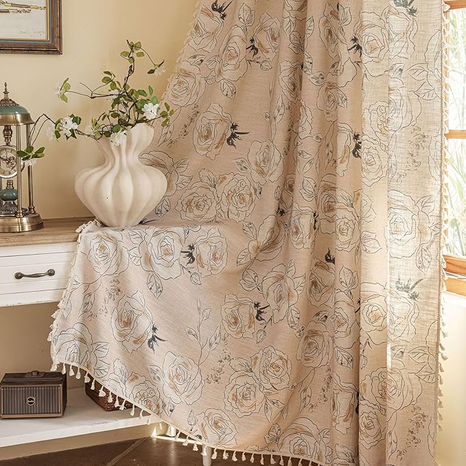 OYX Boho Floral Semi-Blackout Curtains for Bedroom, 2 Panels 52x96 Inches, Grey Rose Vintage Country Pattern with Tassels, Rod Pocket Design, Farmhouse Window Treatments