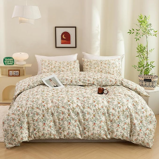 ECOCOTT Floral Duvet Cover King Size – 3 Piece 100% Washed Cotton Bedding Set with Zipper Closure, Soft Lightweight Breathable Botanical Print Comforter Cover for Spring Summer Bedroom Decor