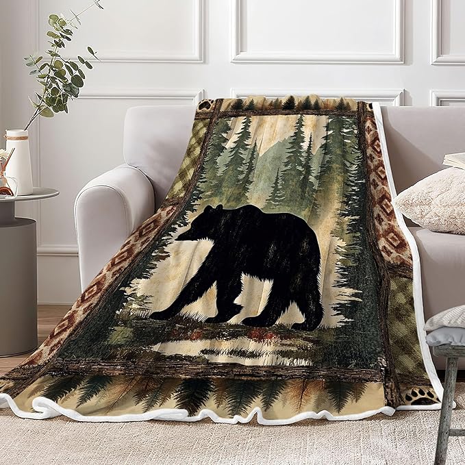 Cabin Throw Blankets, Rustic Farmhouse Hunting Deer Bear Sports Cozy Warm Bed Couch Blanket, Country Wooden Camping Forest White Fleece Flannel Throws to Decorate The Room and Bedroom