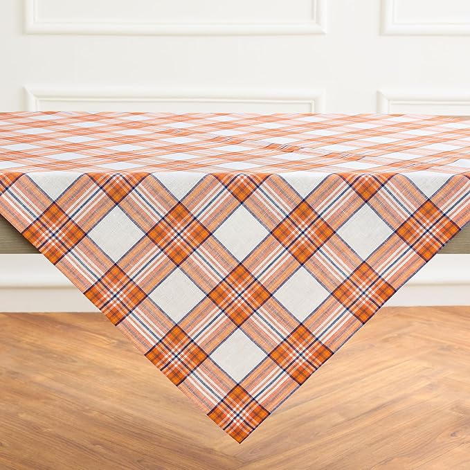 Solino Home Linen Square Tablecloth 52 x 52 Inch - 100% Pure Linen Orange Tartan Plaid Tablecloth - Handcrafted and Machine Washable Table Throw for Fall, Autumn, Thanksgiving