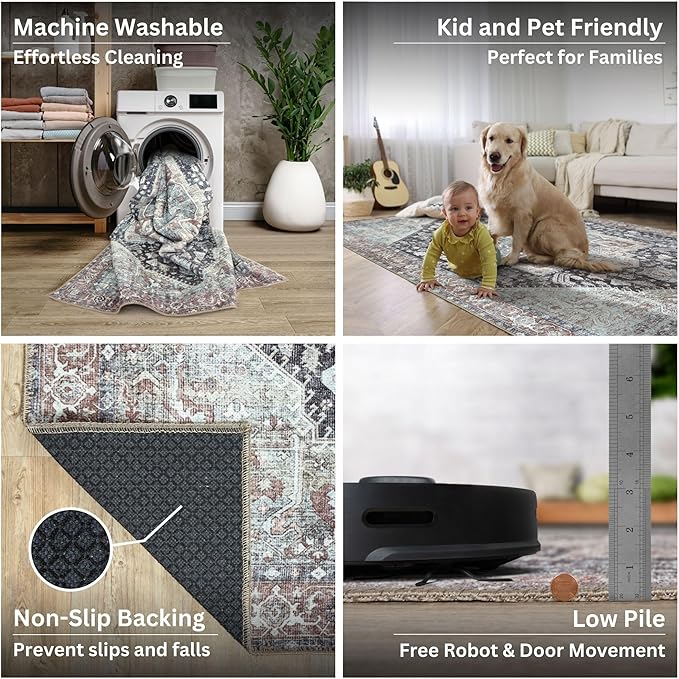 Bloom Rugs Washable Non-Slip 9' x 12' Rug - Charcoal/Brown Traditional Medallion Area Rug for Living Room, Bedroom, Dining Room, and Kitchen - Exact Size: 9' x 12'